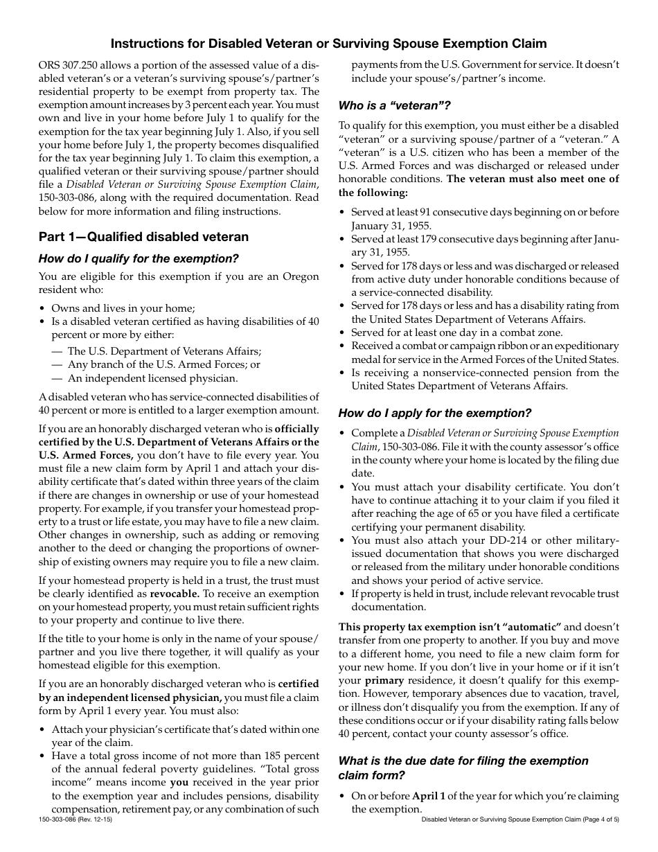 Form 150-303-086 Disabled Veteran or Surviving Spouse Exemption Claim - Oregon, Page 4
