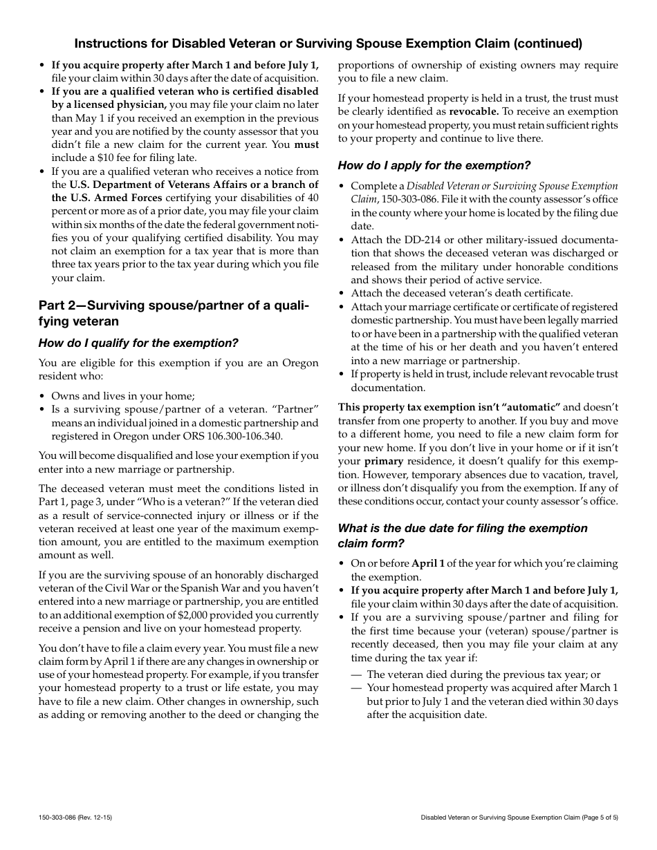 Form 150-303-086 Disabled Veteran or Surviving Spouse Exemption Claim - Oregon, Page 5