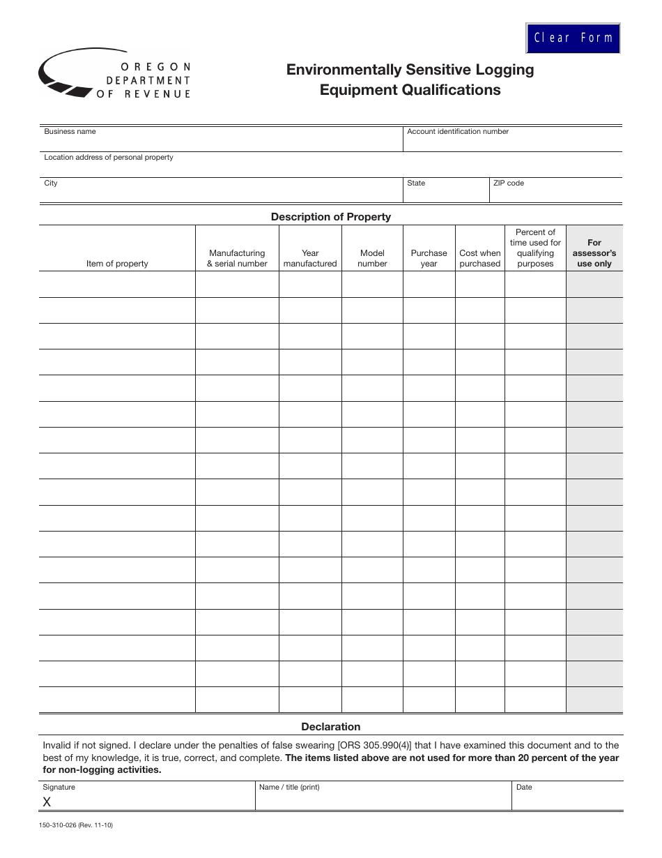 Form 150-310-026 Environmentally Sensitive Logging Equipment Qualifications - Oregon, Page 1