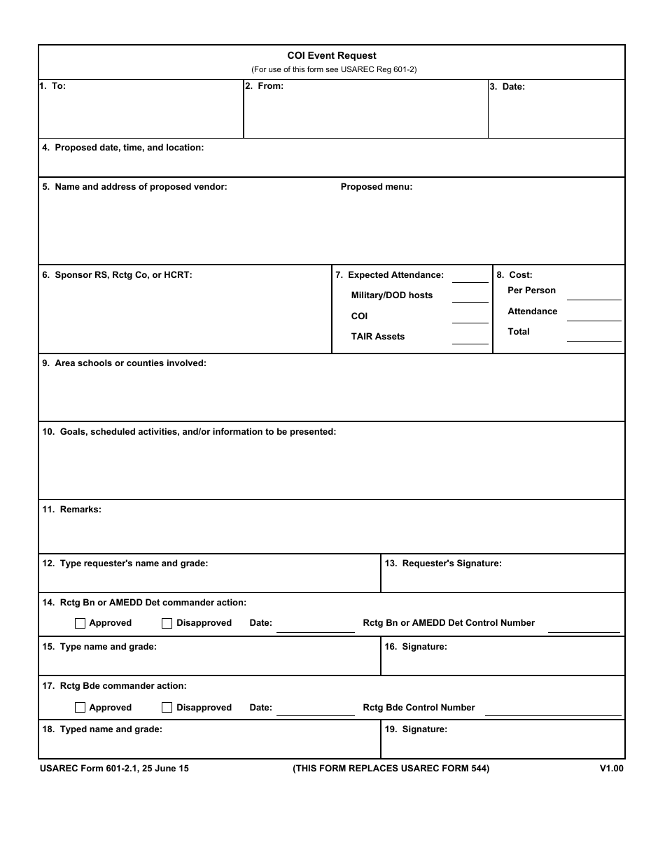 USAREC Form 601-2.1 Coi Event Request, Page 1