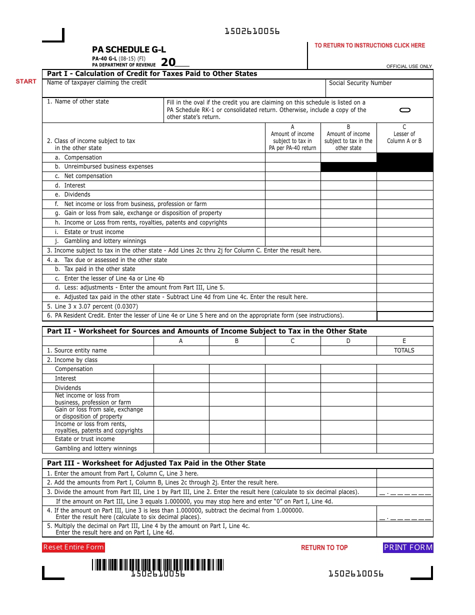 Form PA-40 Schedule G-L Resident Credit for Taxes Paid - Pennsylvania, Page 1