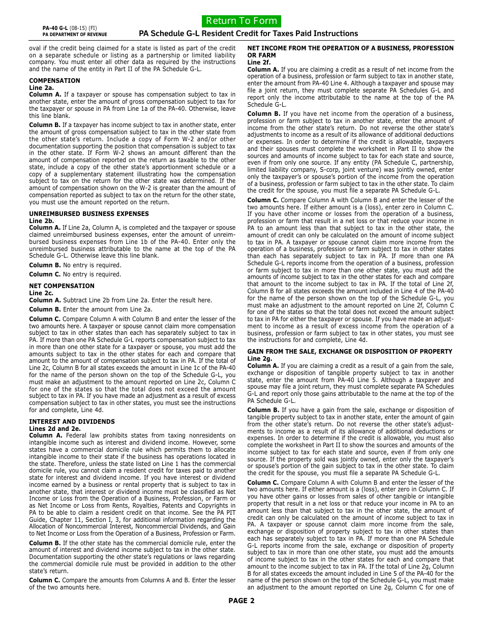 Form PA-40 Schedule G-L Resident Credit for Taxes Paid - Pennsylvania, Page 3
