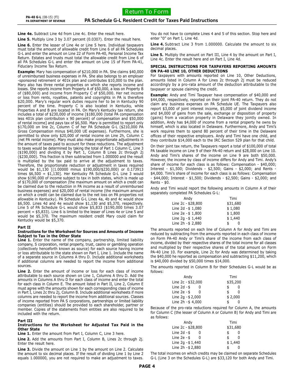 Form PA-40 Schedule G-L Resident Credit for Taxes Paid - Pennsylvania, Page 5