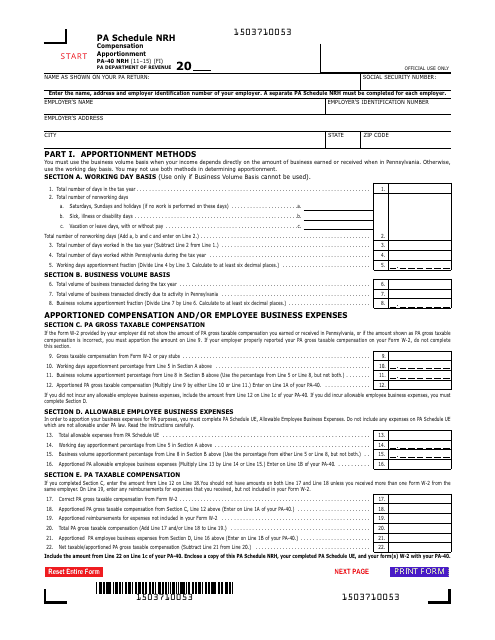Form PA-40 Schedule NRH  Printable Pdf