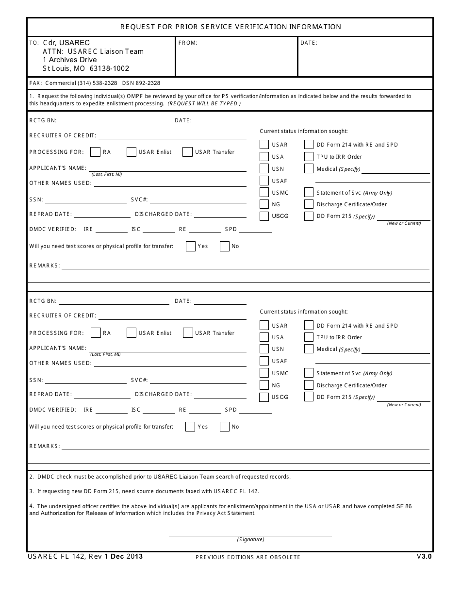USAREC Form FL142 Request for Prior Service Verification Information, Page 1