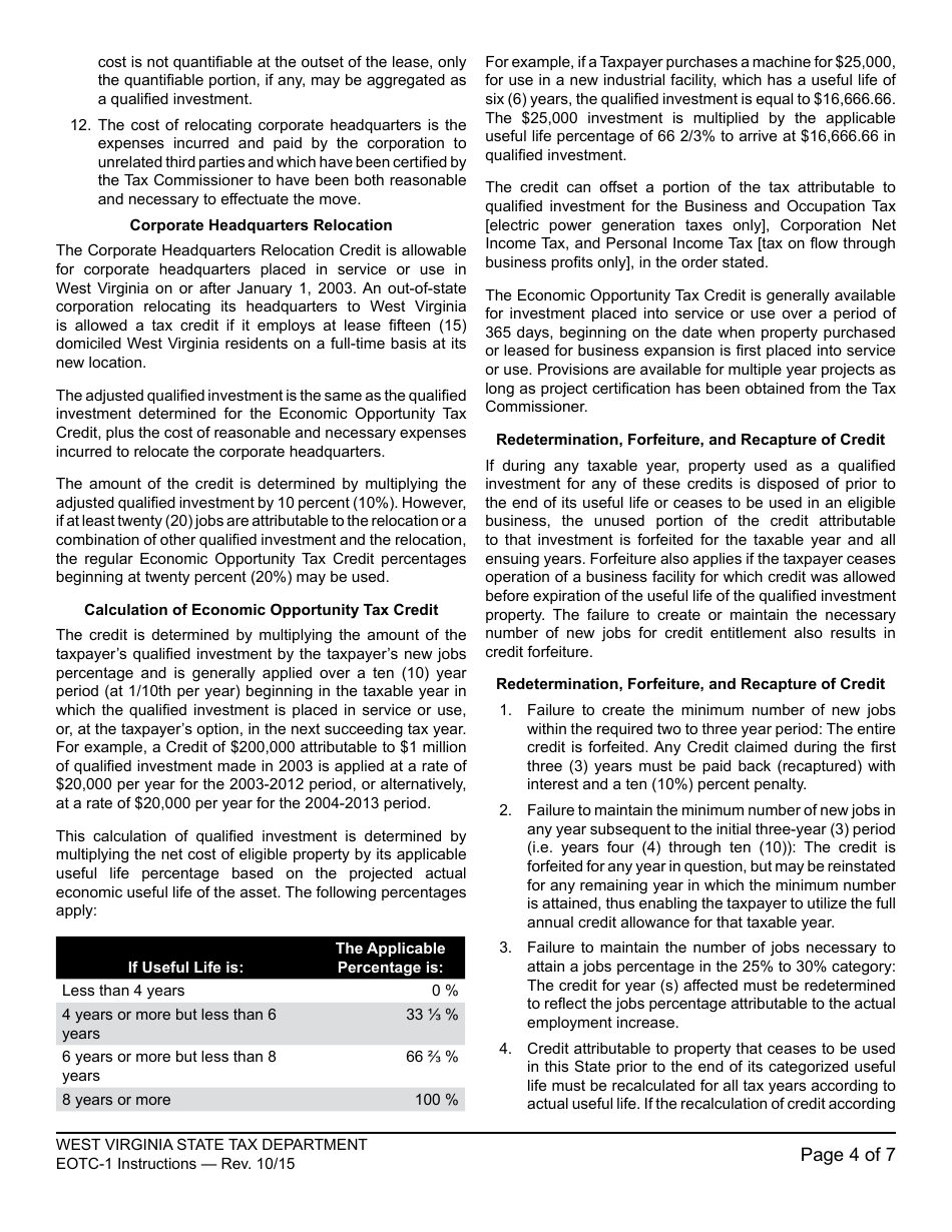 Instructions for Schedule EOTC-1 Economic Opportunity Tax Credit - West Virginia, Page 4