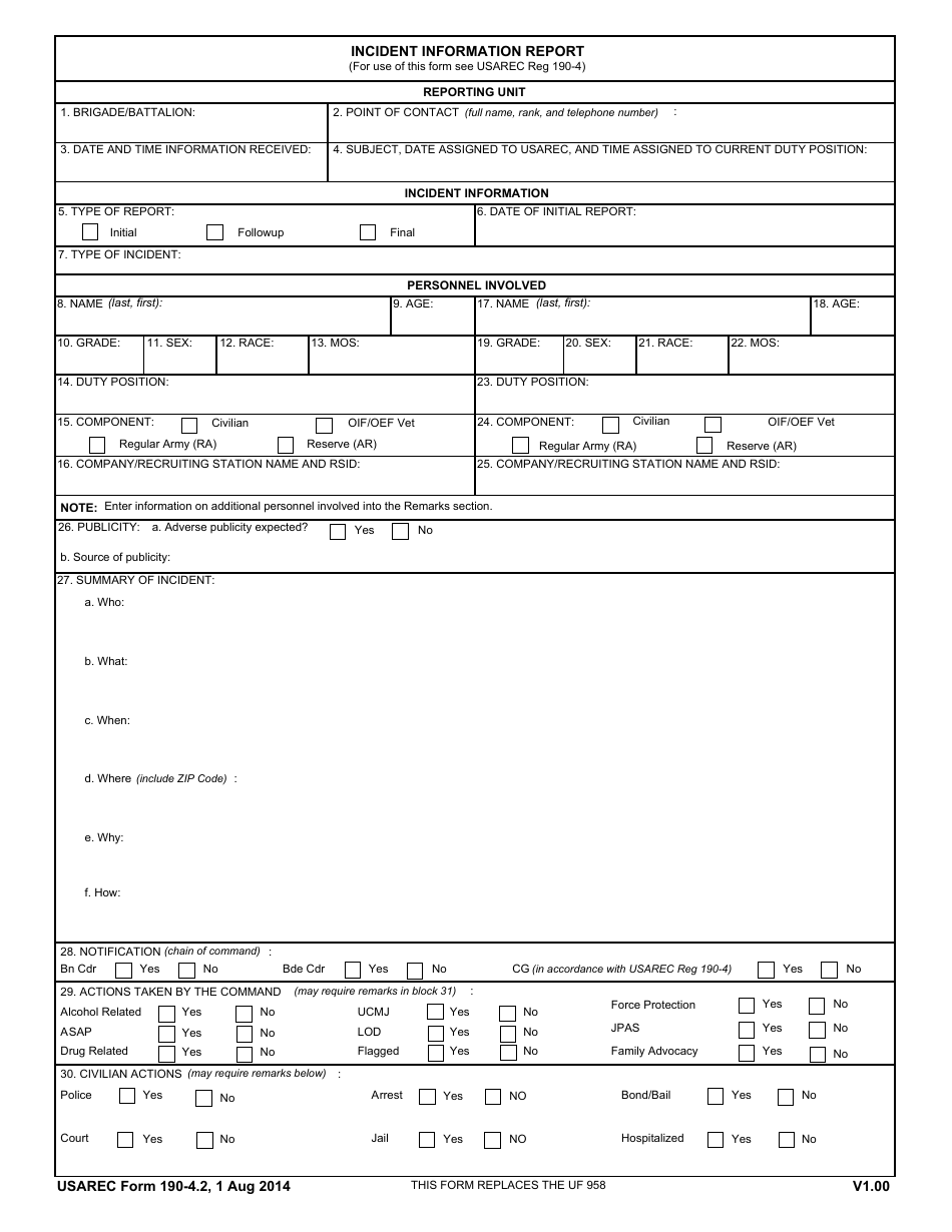 USAREC Form 190-4.2 Incident Information Report, Page 1