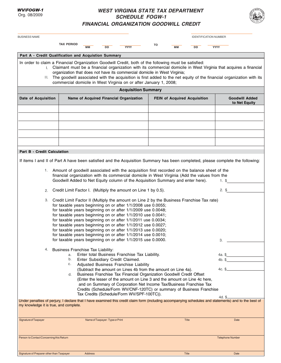 Form WV / FOGW-1 Schedule FOGW-1 Financial Organization Goodwill Credit - West Virginia, Page 1