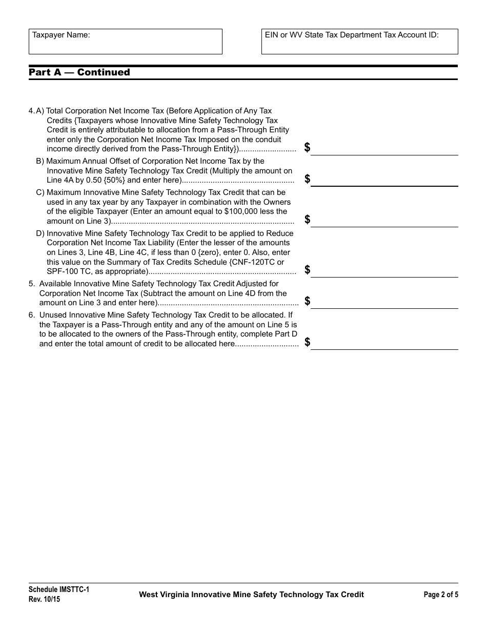 Schedule IMSTTC-1 West Virginia Innovative Mine Safety Technology Tax Credit - West Virginia, Page 2