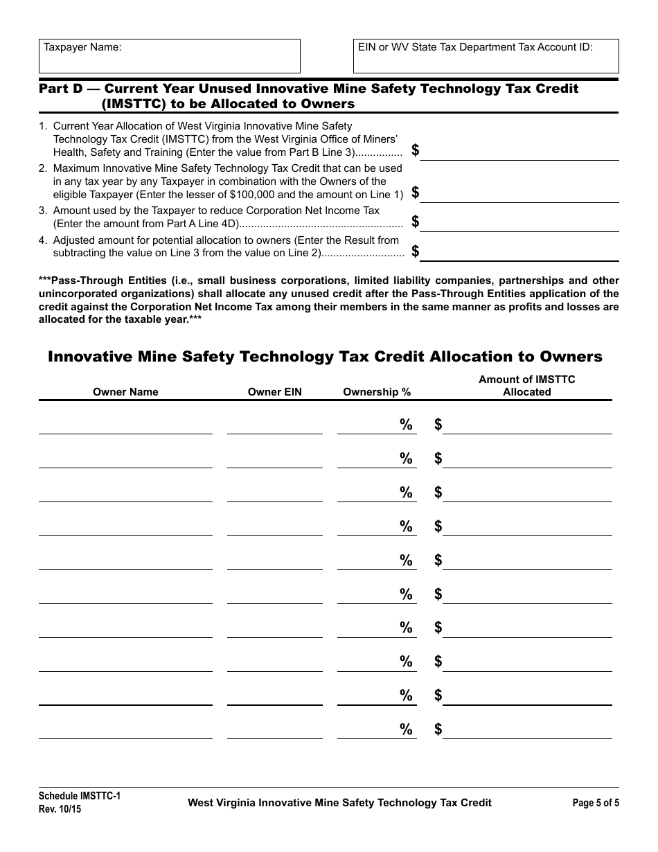 Schedule IMSTTC-1 West Virginia Innovative Mine Safety Technology Tax Credit - West Virginia, Page 5