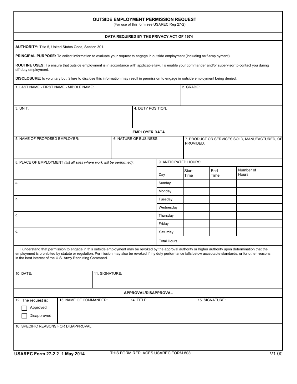 USAREC Form 27-2.2 Outside Employment Permission Request, Page 1