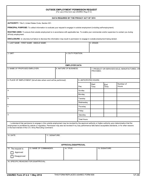 USAREC Form 27-2.2 Outside Employment Permission Request