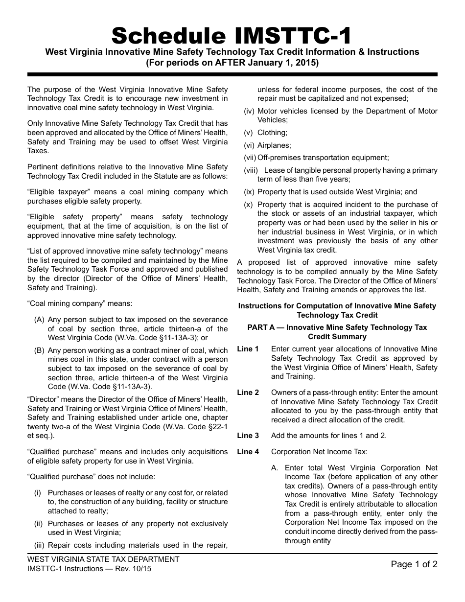 Instructions for Schedule IMSTTC-1 West Virginia Innovative Mine Safety Technology Tax Credit - West Virginia, Page 1