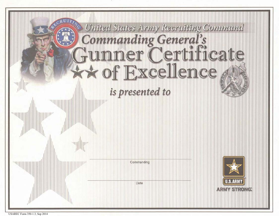 USAREC Form 350-1.3 Commanding Generals Gunner Certificate of Excellence, Page 1