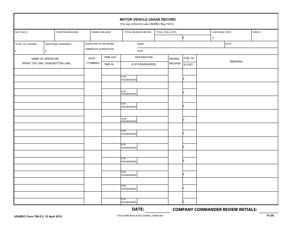 USAREC Form 700-5.3 Motor Vehicle Usage Record, Page 1