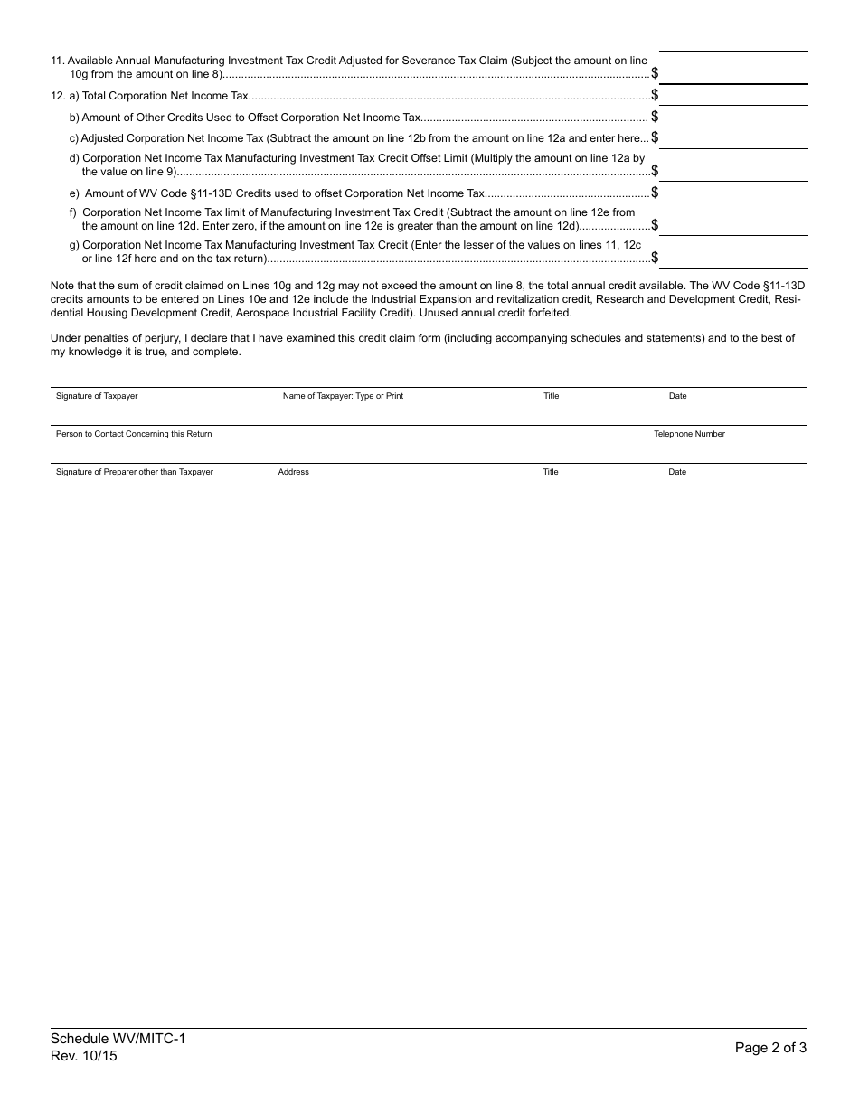 Schedule WV / MITC-1 Credit for Manufacturing Investment (For Periods After January 1, 2015) - West Virginia, Page 2
