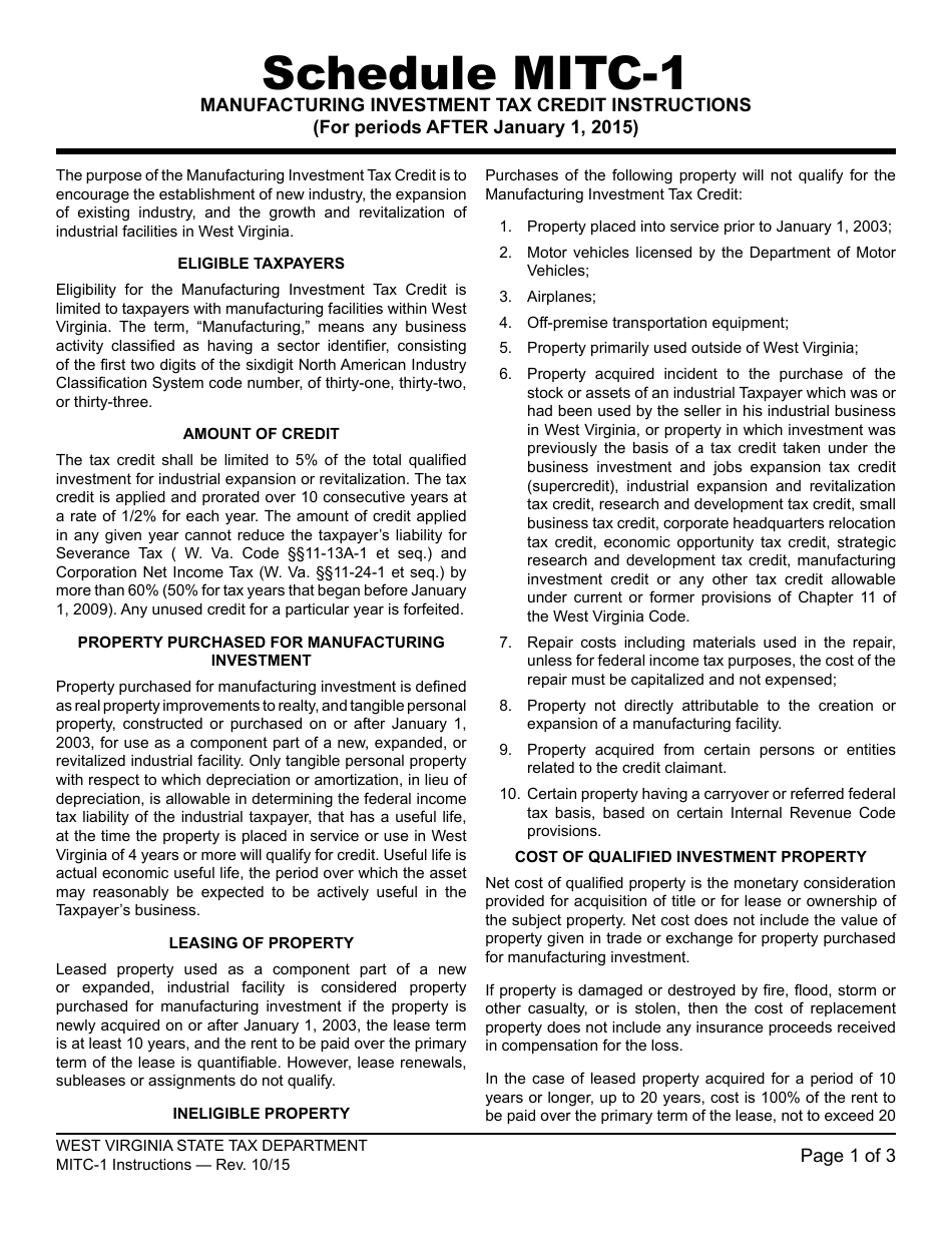 Download Instructions for Form WV/MITC1 Credit for Manufacturing