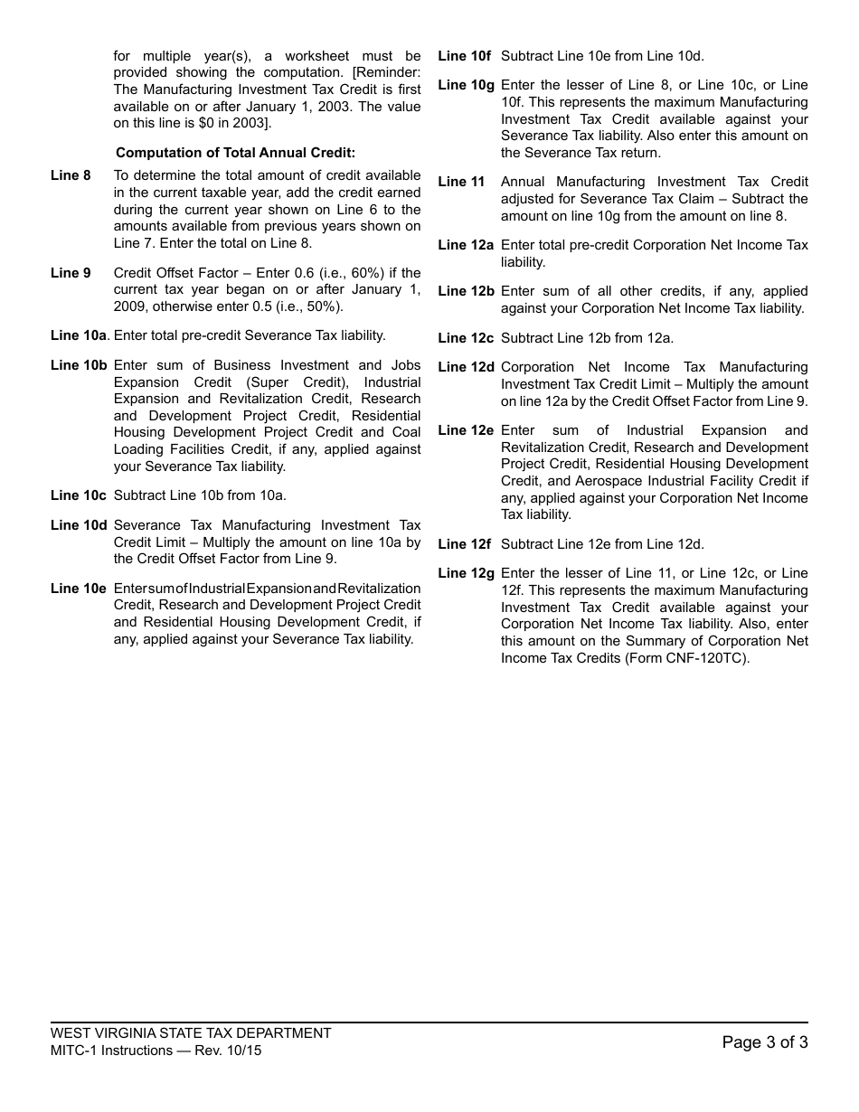 Instructions for Form WV / MITC-1 Credit for Manufacturing Investment (For Periods After January 1, 2015) - West Virginia, Page 3