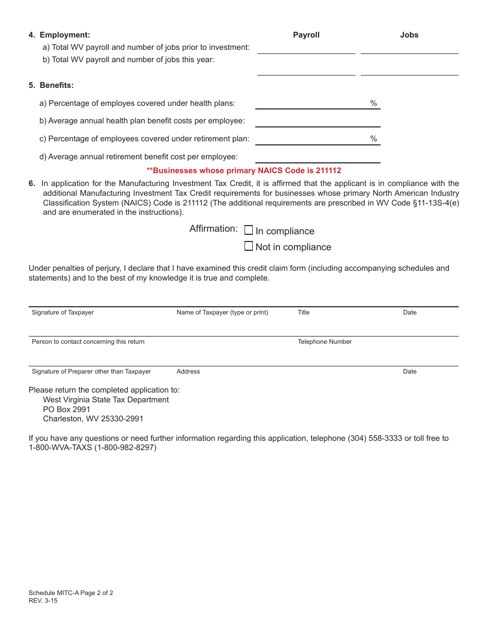 Form MITC-A Application for West Virginia Manufacturing Investment Tax Credit for Investments Placed Into Service on or After January 1, 2003 - West Virginia, Page 2