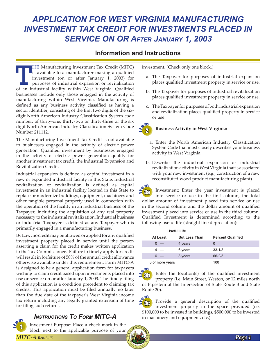 Form MITC-A Application for West Virginia Manufacturing Investment Tax Credit for Investments Placed Into Service on or After January 1, 2003 - West Virginia, Page 3