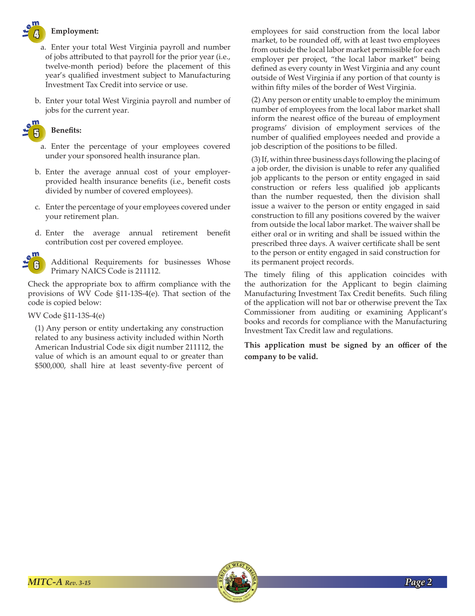 Form MITC-A Application for West Virginia Manufacturing Investment Tax Credit for Investments Placed Into Service on or After January 1, 2003 - West Virginia, Page 4