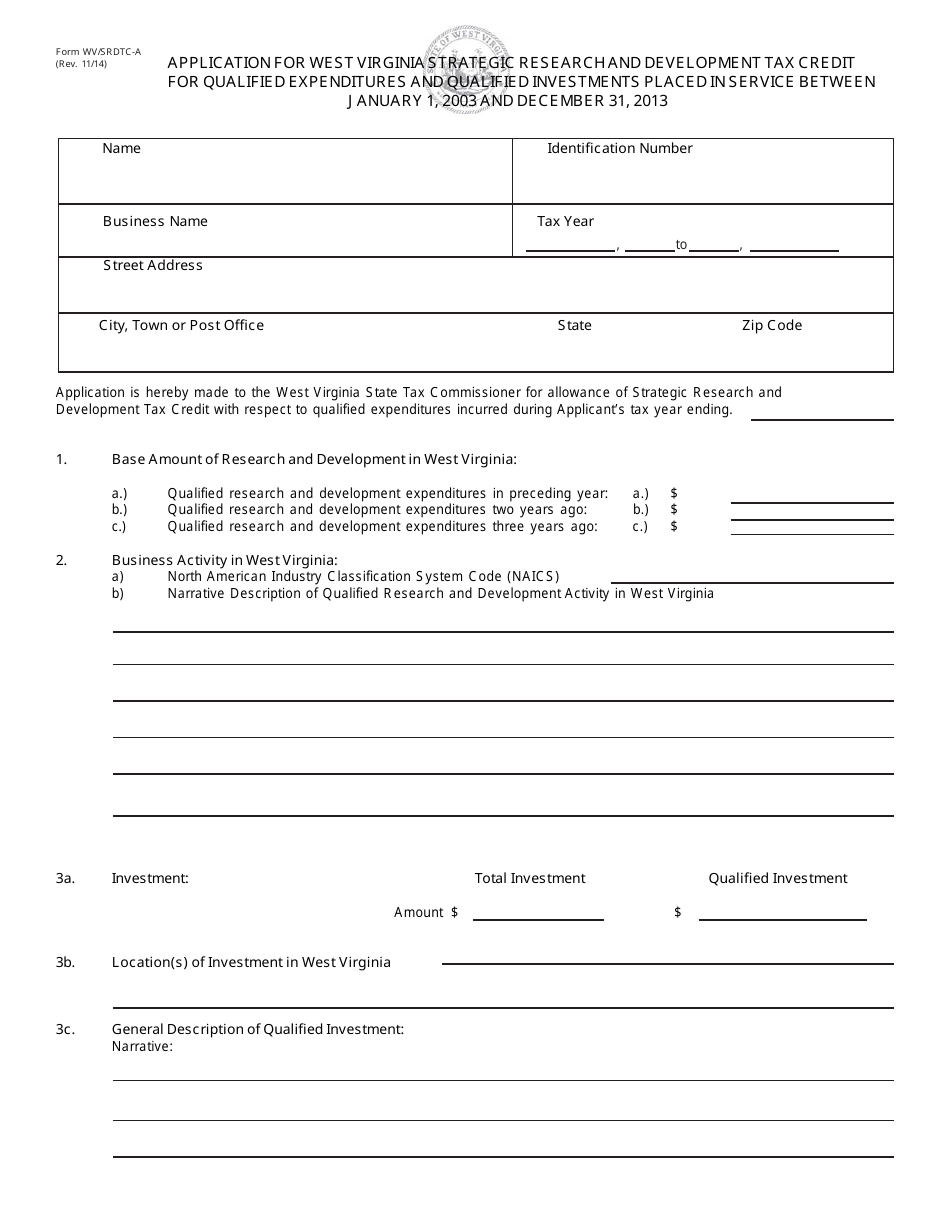 Form WV/SRDTC-A Application for West Virginia Strategic Research and Development Tax Credit for Qualified Expenditures and Qualified Investments Placed in Service on or After January 1, 2003 - West Virginia, Page 1