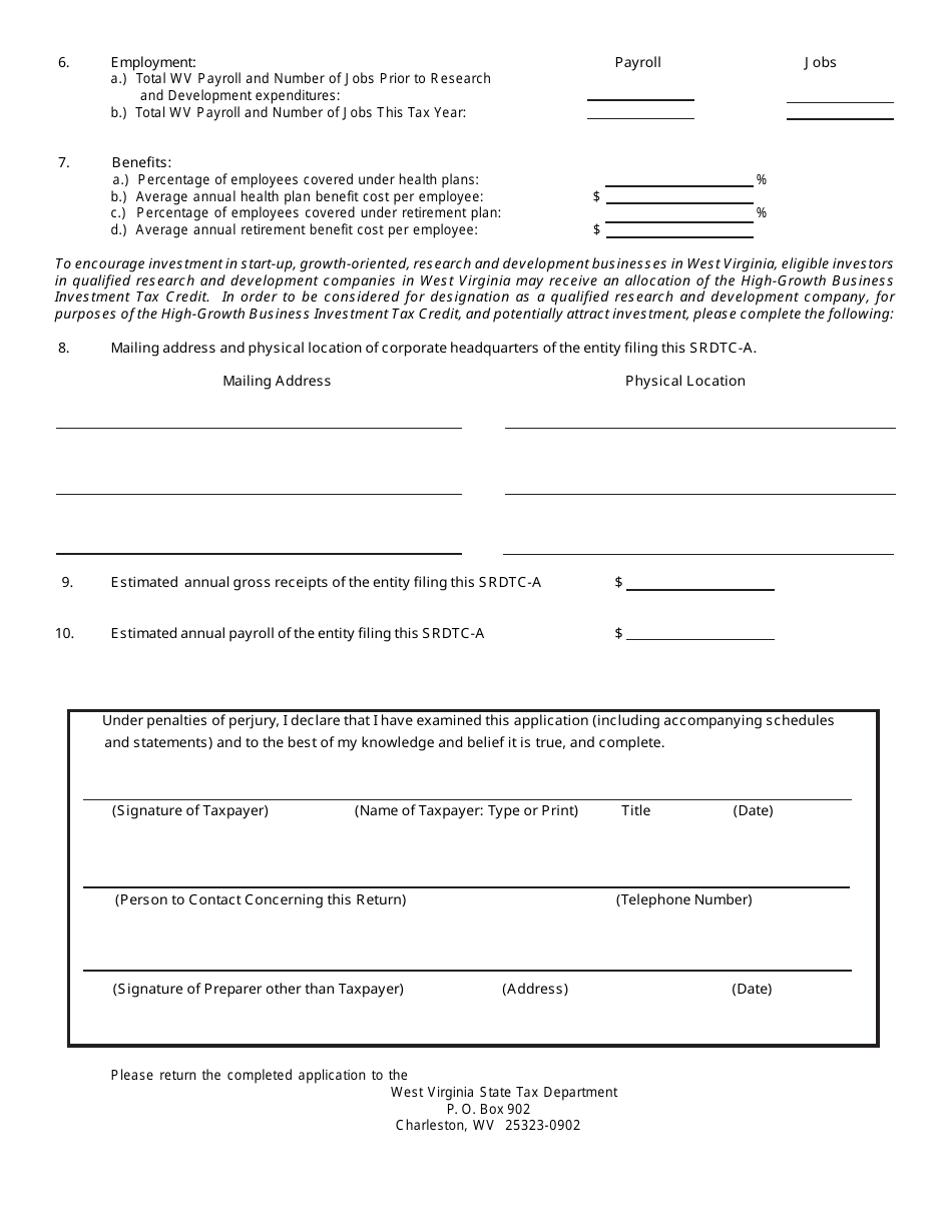 Form WV / SRDTC-A Application for West Virginia Strategic Research and Development Tax Credit for Qualified Expenditures and Qualified Investments Placed in Service on or After January 1, 2003 - West Virginia, Page 4