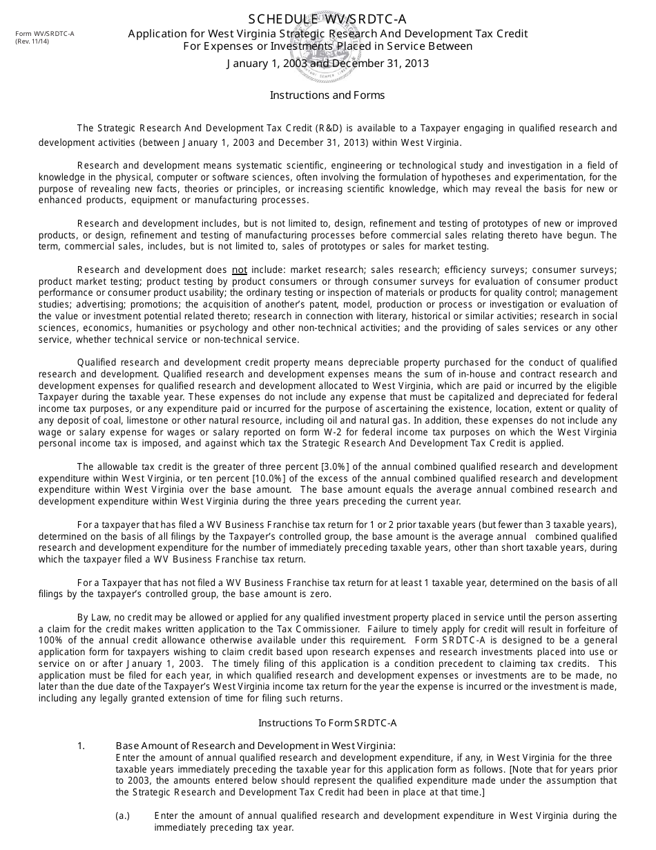 Form WV / SRDTC-A Application for West Virginia Strategic Research and Development Tax Credit for Qualified Expenditures and Qualified Investments Placed in Service on or After January 1, 2003 - West Virginia, Page 5