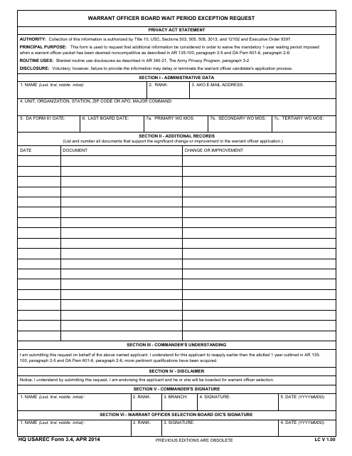 HQ USAREC Form 3.4 Warrant Officer Board Wait Period Exception Request