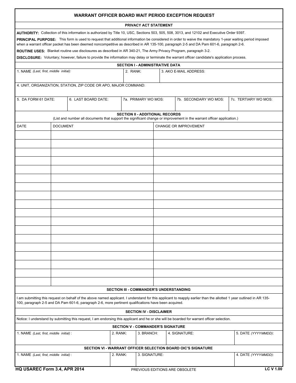 HQ USAREC Form 3.4 Warrant Officer Board Wait Period Exception Request, Page 1