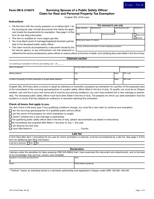 Form OR-E-310675 Surviving Spouse of a Public Safety Officer, Claim for Real and Personal Property Tax Exemption - Oregon