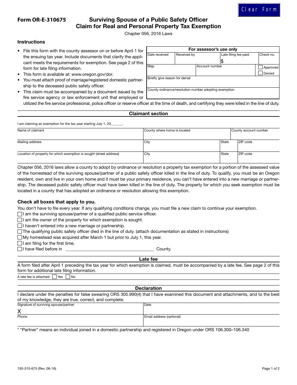 Form OR-E-310675 Surviving Spouse of a Public Safety Officer, Claim for Real and Personal Property Tax Exemption - Oregon, Page 1