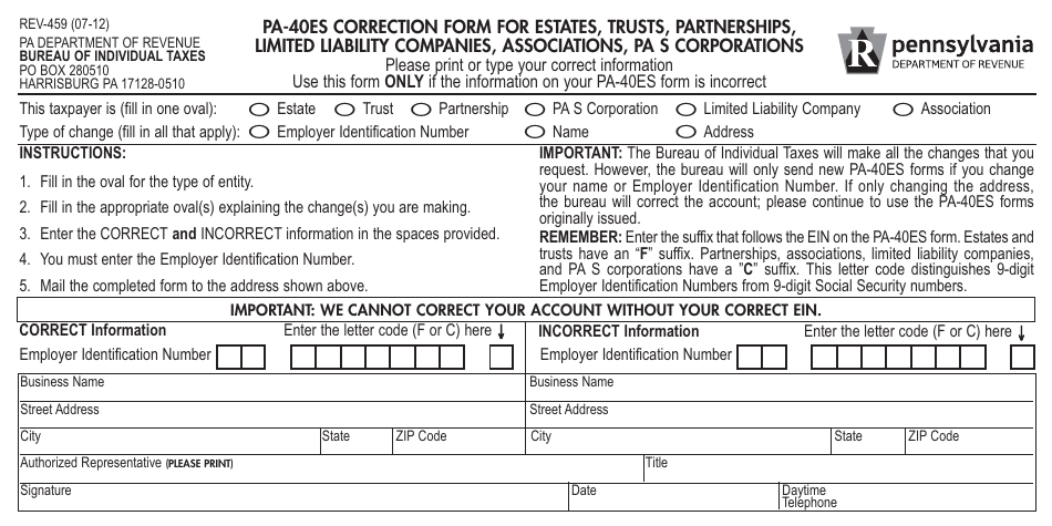 Form REV-459 Pa-40 Es Correction Form for Estates, Trusts, Partnerships, Limited Liability Companies, Associations, and Pa S Corporations - Pennsylvania, Page 1