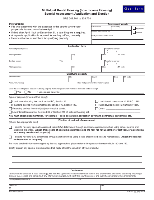 Form 150-310-090 Multi-Unit Rental Housing Special Assessment Application and Election Form - Oregon