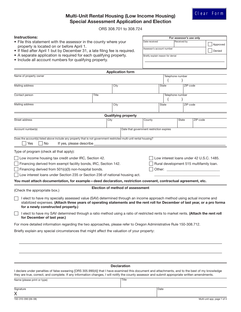 Form 150-310-090 Multi-Unit Rental Housing Special Assessment Application and Election Form - Oregon, Page 1
