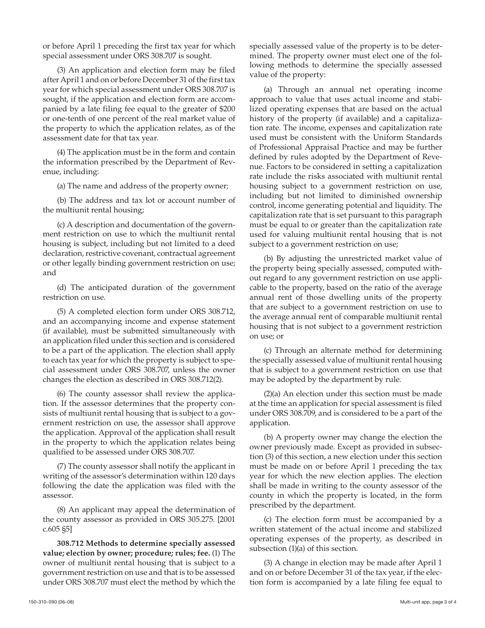 Form 150-310-090 Multi-Unit Rental Housing Special Assessment Application and Election Form - Oregon, Page 3