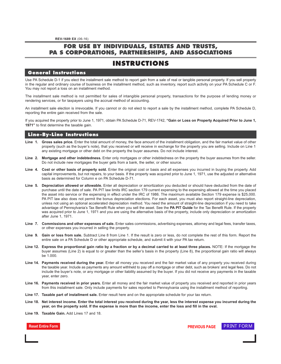 Form REV-1689 Schedule D-1 Calculation of Installment Sale Income - Pennsylvania, Page 2