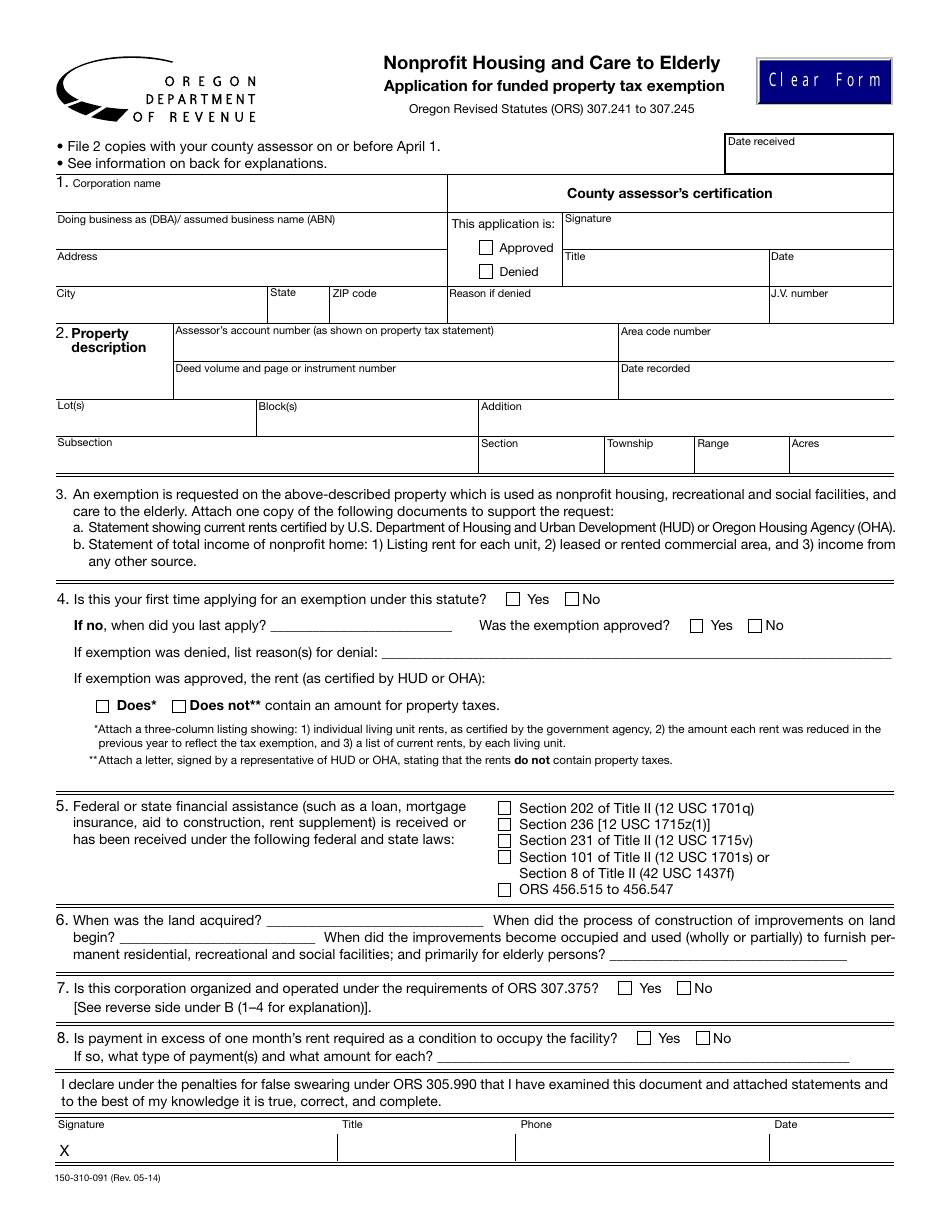 Form 150-310-091 Application for Funded Property Tax Exemption - Oregon, Page 1