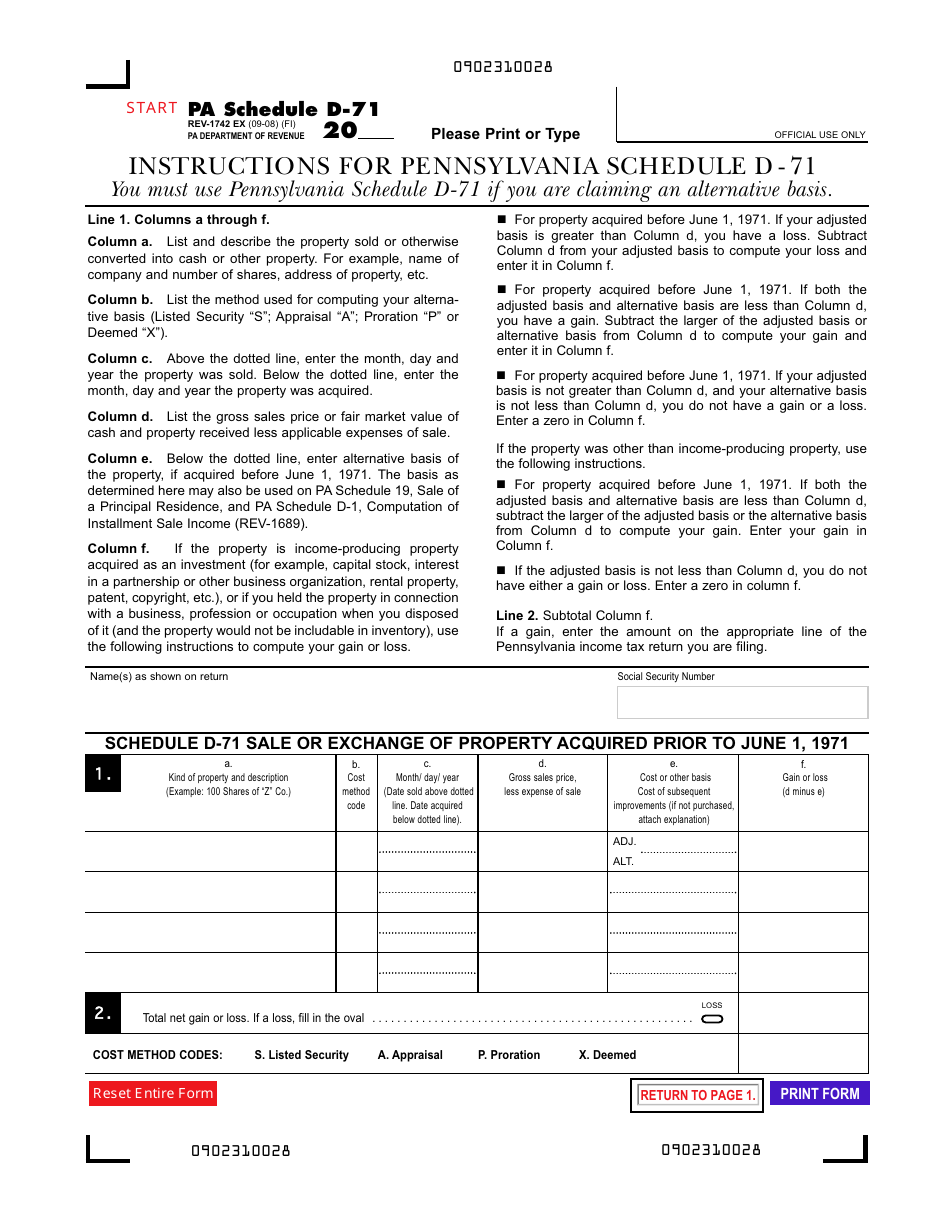 Form REV-1742 Schedule D-71 Sale or Exchange or Property Acquired Prior to June 1, 1971 - Pennsylvania, Page 4