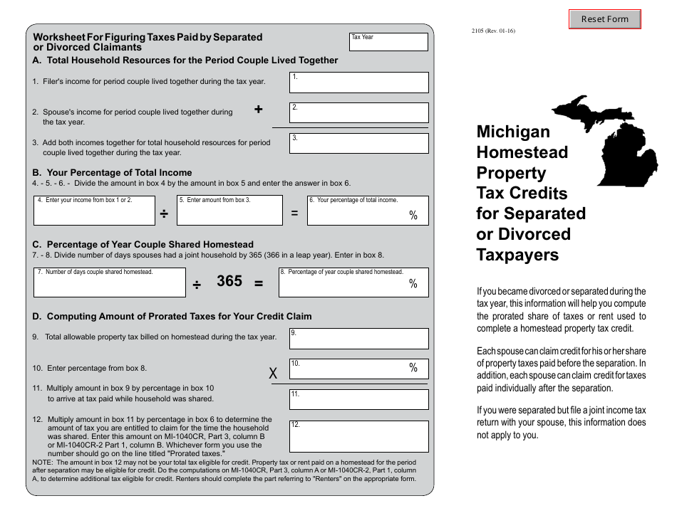 Form 2105 Michigan Homestead Property Tax Credits for Separated or Divorced Taxpayers - Michigan, Page 1