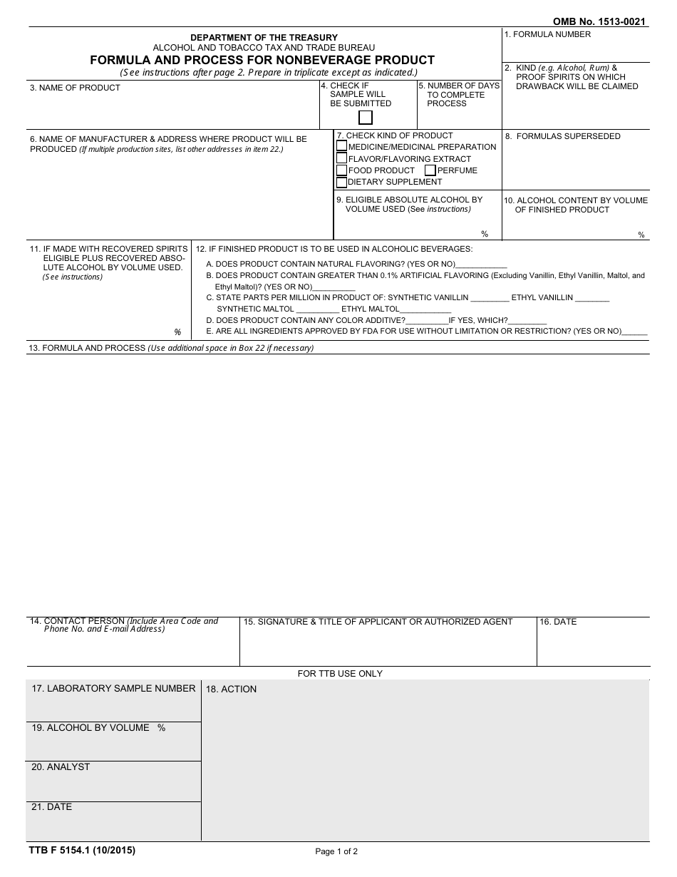 TTB Form 5154.1 Formula and Process for Nonbeverage Product, Page 1