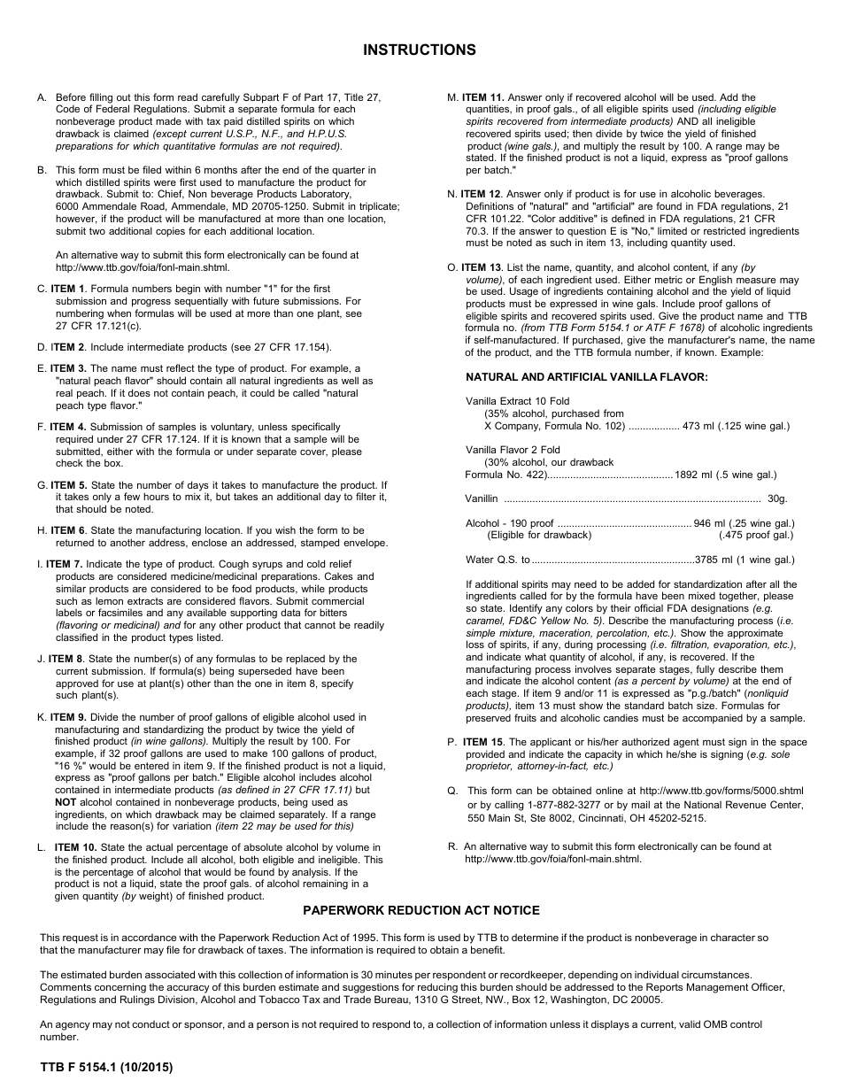 TTB Form 5154.1 Formula and Process for Nonbeverage Product, Page 3