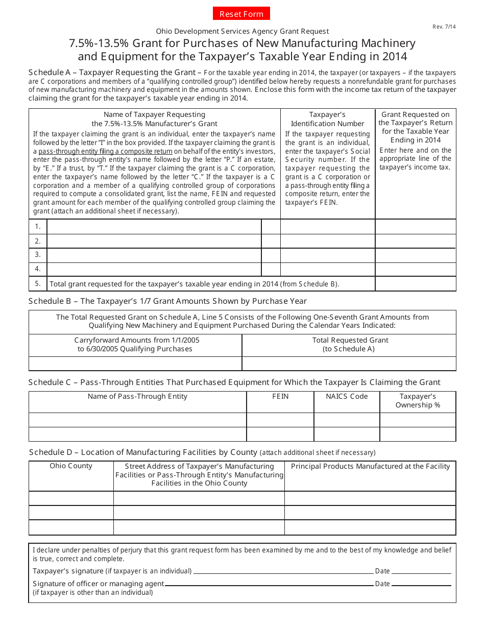 2014 Ohio 7.513.5 Grant for Purchases of New Manufacturing Machinery