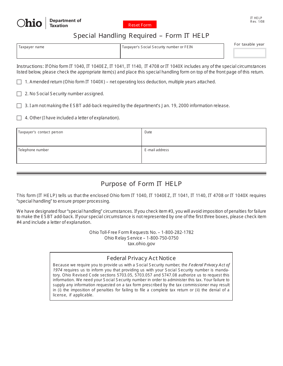 Form IT HELP Special Handling Required - Ohio, Page 1