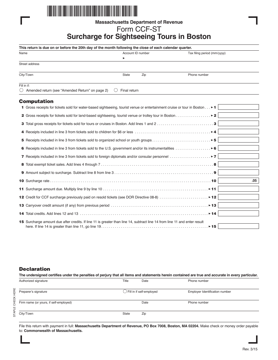 Form CCF-ST Surcharge for Sightseeing Tours in Boston - Massachusetts, Page 1