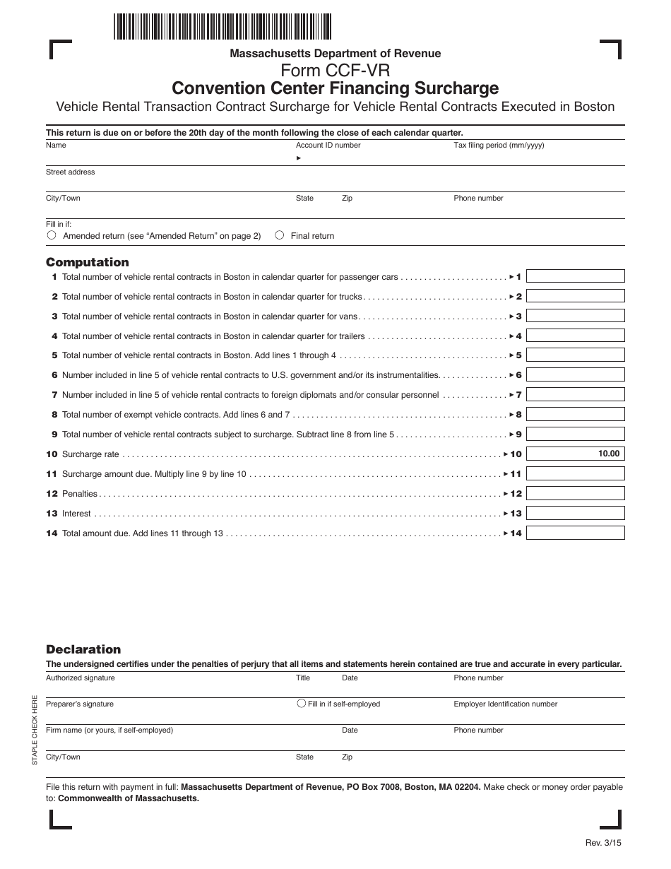 Form CCF-VR Convention Center Financing Surcharge - Massachusetts, Page 1