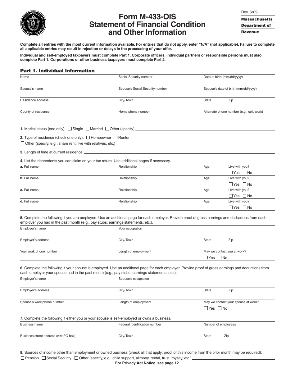 Form M-433-OIS Statement of Financial Condition and Other Information - Massachusetts, Page 1