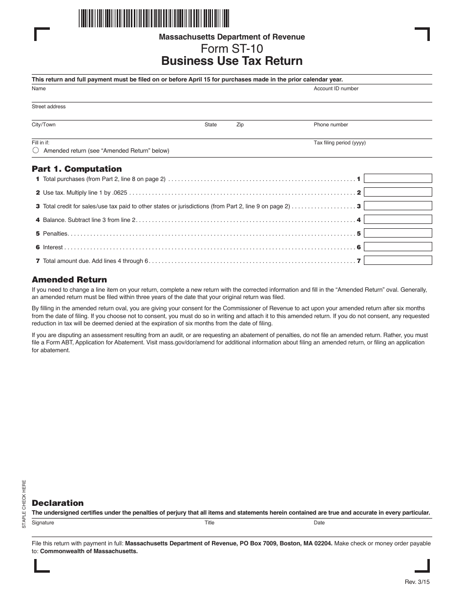 Form ST-10 Business Use Tax Return - Massachusetts, Page 1