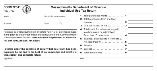 Form ST-11 &quot;Individual Use Tax Return&quot; - Massachusetts