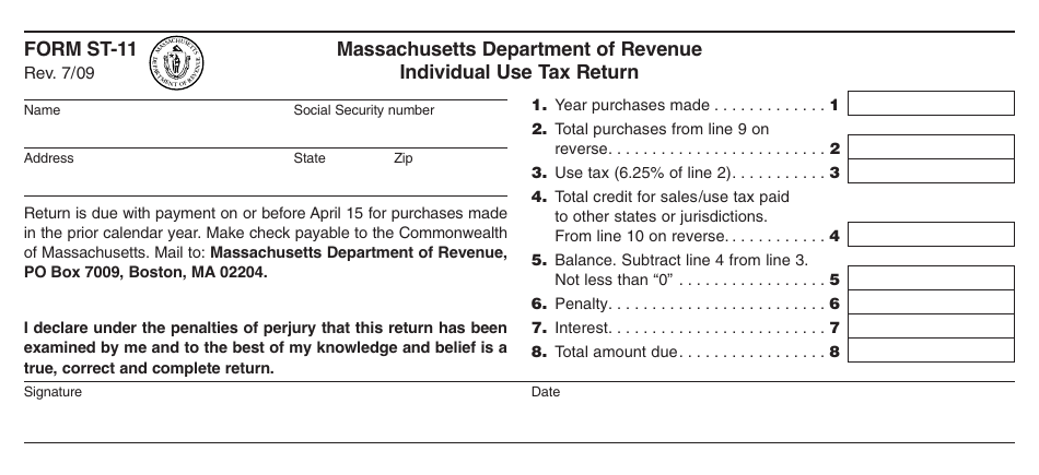 Form ST-11 Individual Use Tax Return - Massachusetts, Page 1